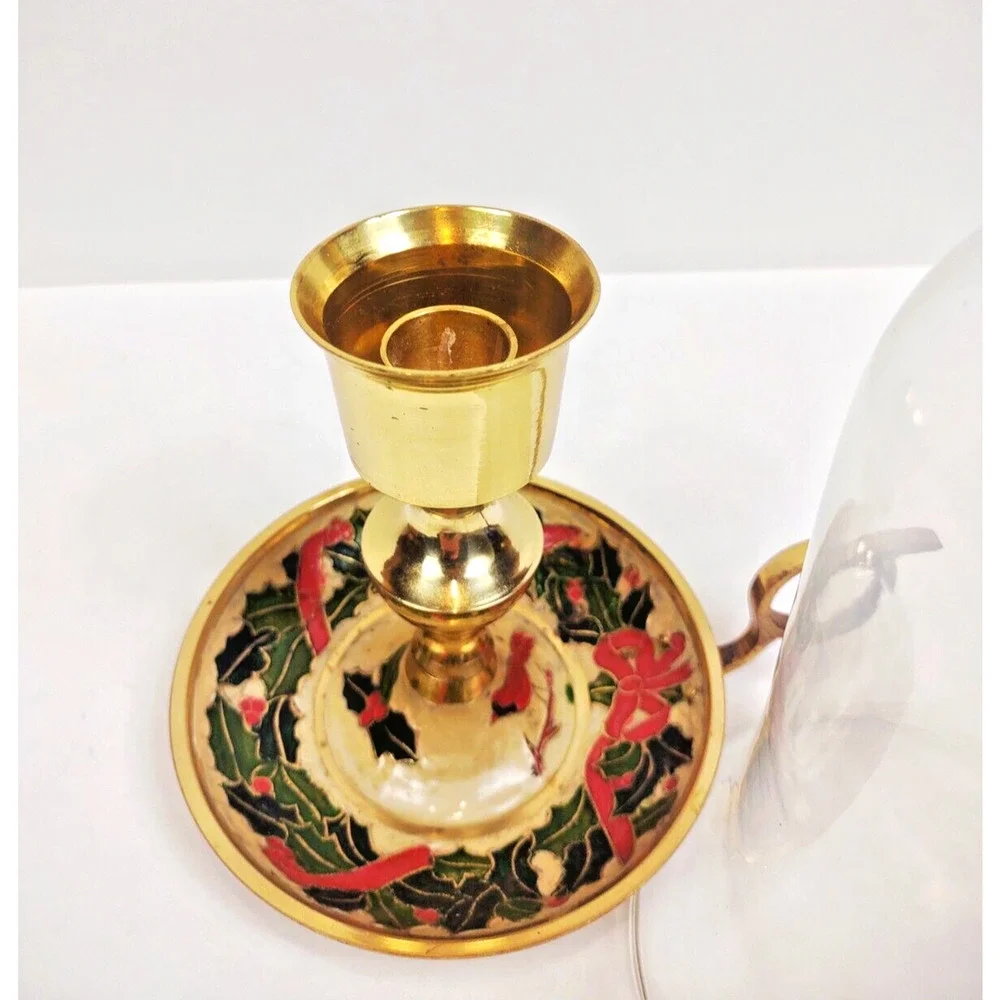 Vintage Brass Chamber Candlestick Holder Painted Enamel Holly Berry Glass Globe